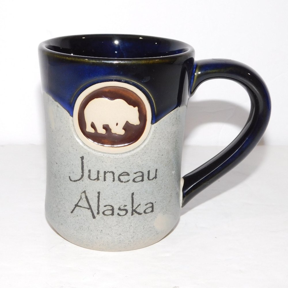 Juneau Alaska Coffee Mug Gray Blue Dip Glaze Pottery Style Black Bear
